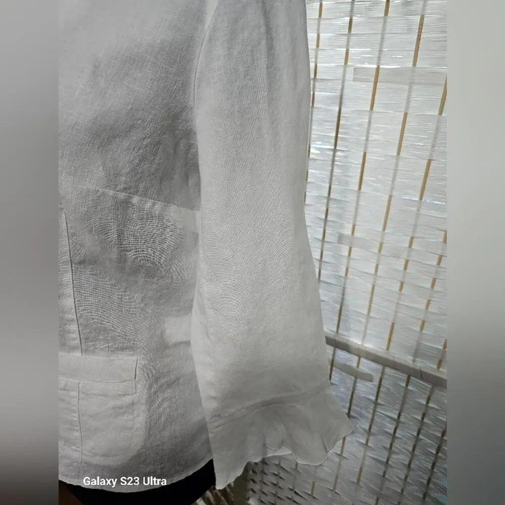 🧨 Talbots Ivory Irish Linen Ruffle Sleeve Button Down Blouse - Picture 6 of 11